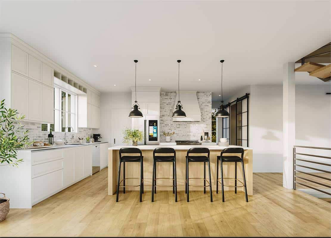 The kitchen has white cabinetry, a brick backsplash, and a center island lined with black bar stools.