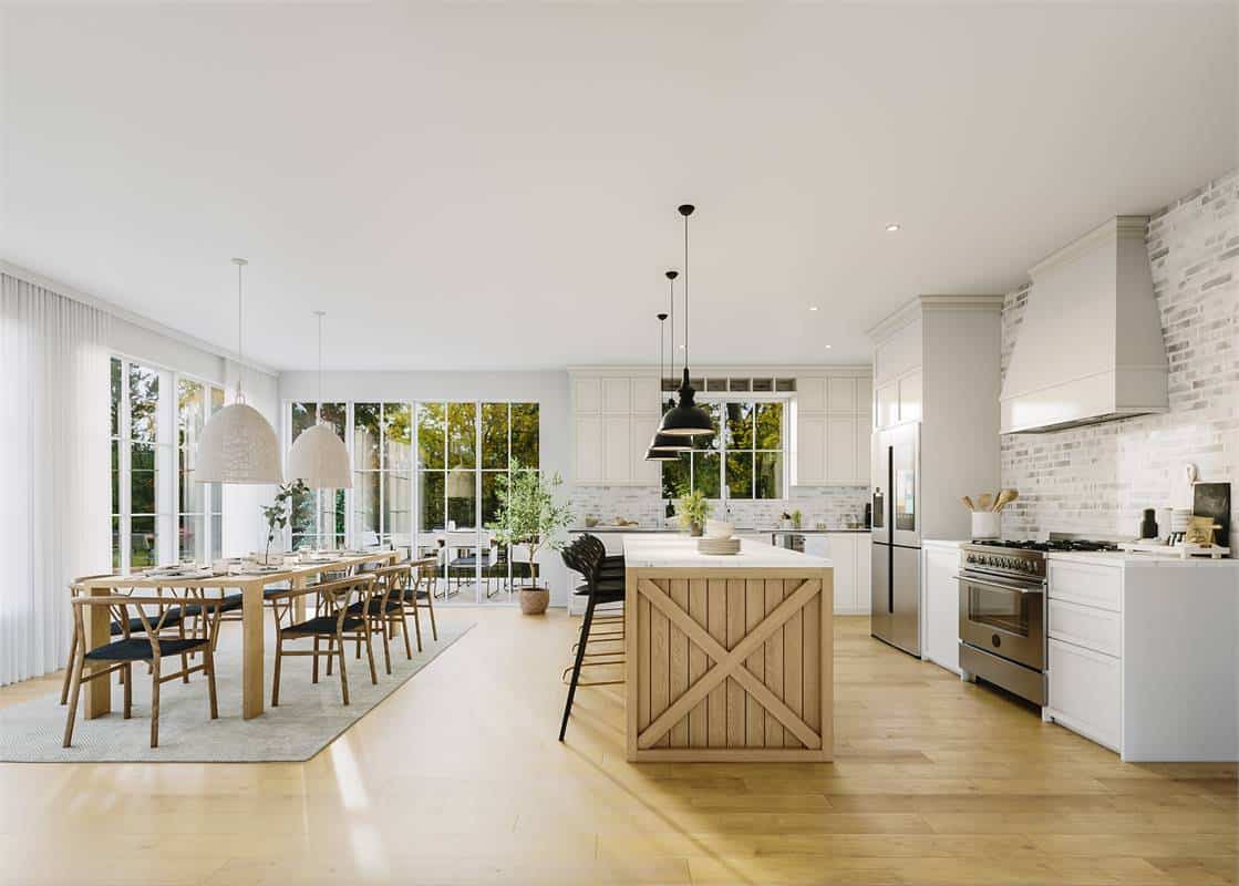 Sliding glass doors extend the eat-in kitchen onto the rear patio.