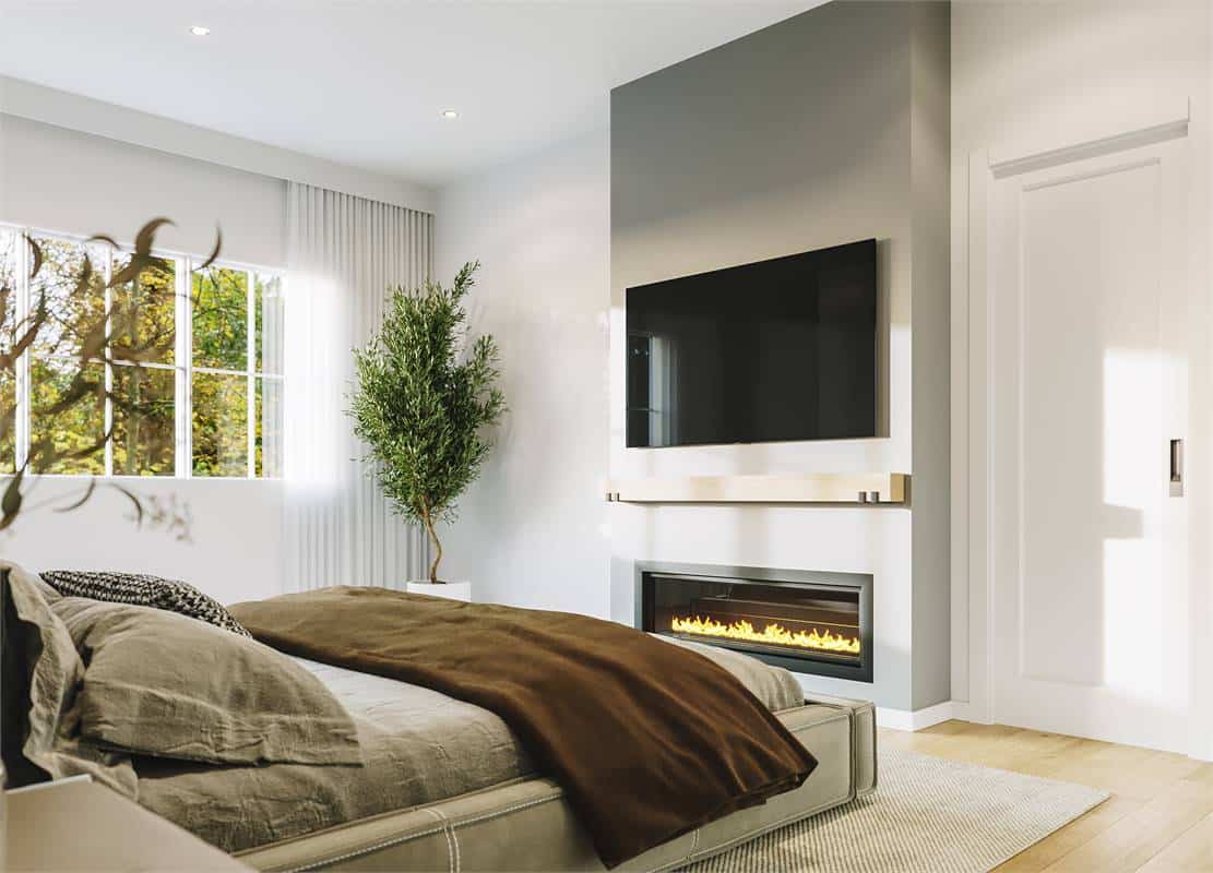 The primary bedroom features a platform bed, a wall-mounted TV, and an electric fireplace.