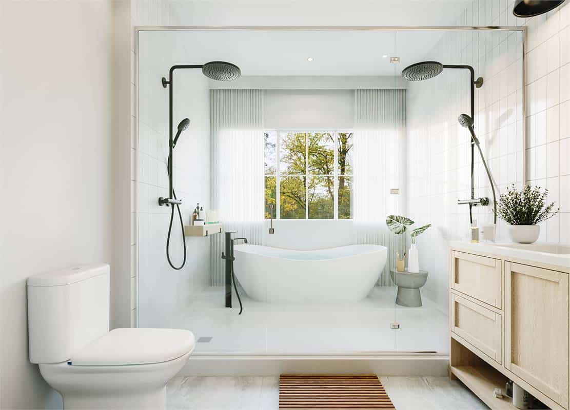 The primary bathroom offers a wet room with two showerheads and a freestanding tub.