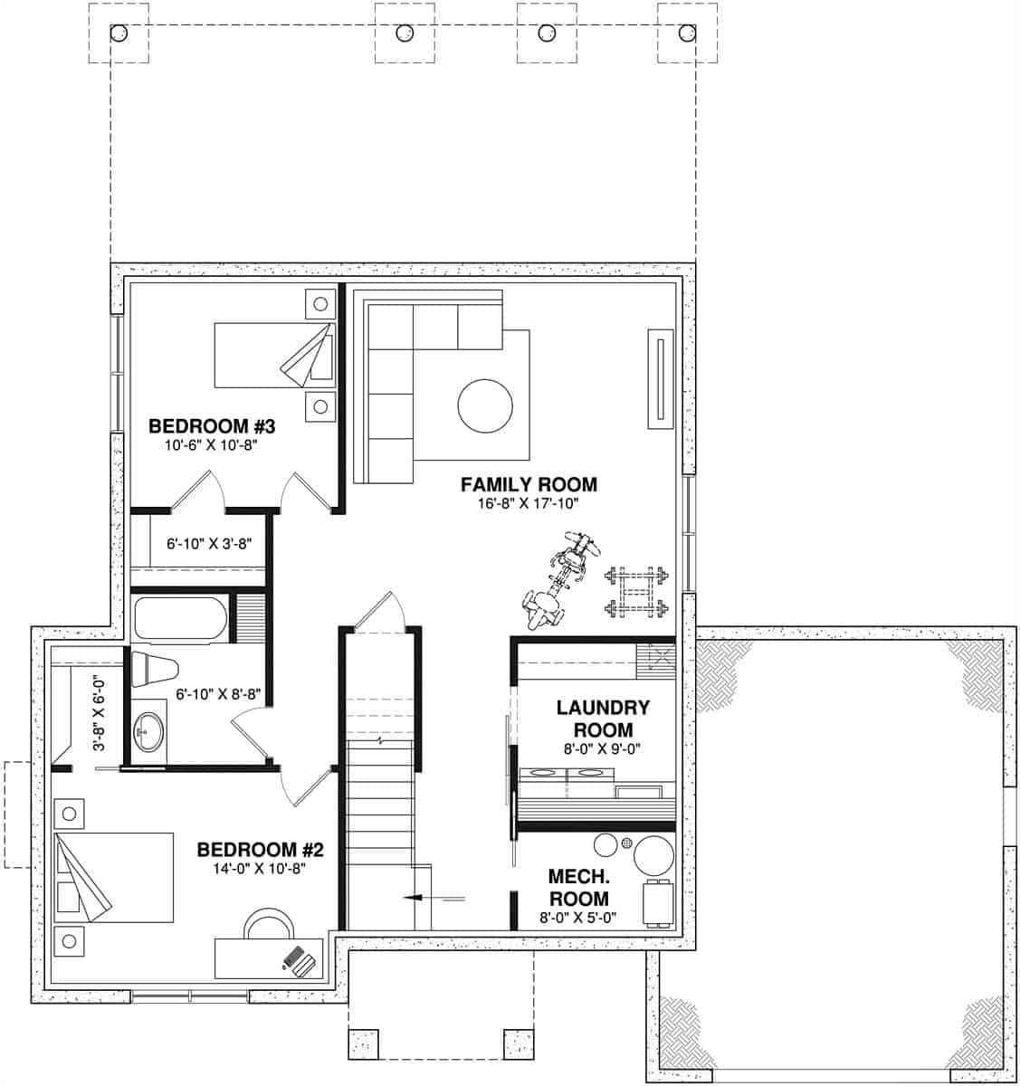 Lower level floor plan with two bedrooms, a laundry room, and a spacious family room.