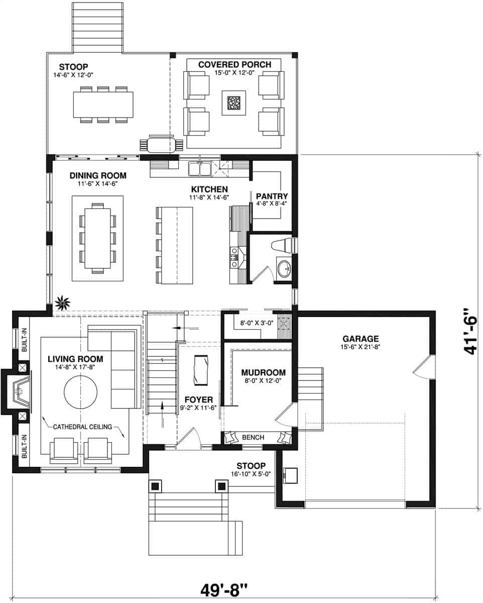 Main level floor plan of the Courtney two-story 3-bedroom craftsman home with a foyer, living room, dining room, kitchen, and mudroom leading to the garage.