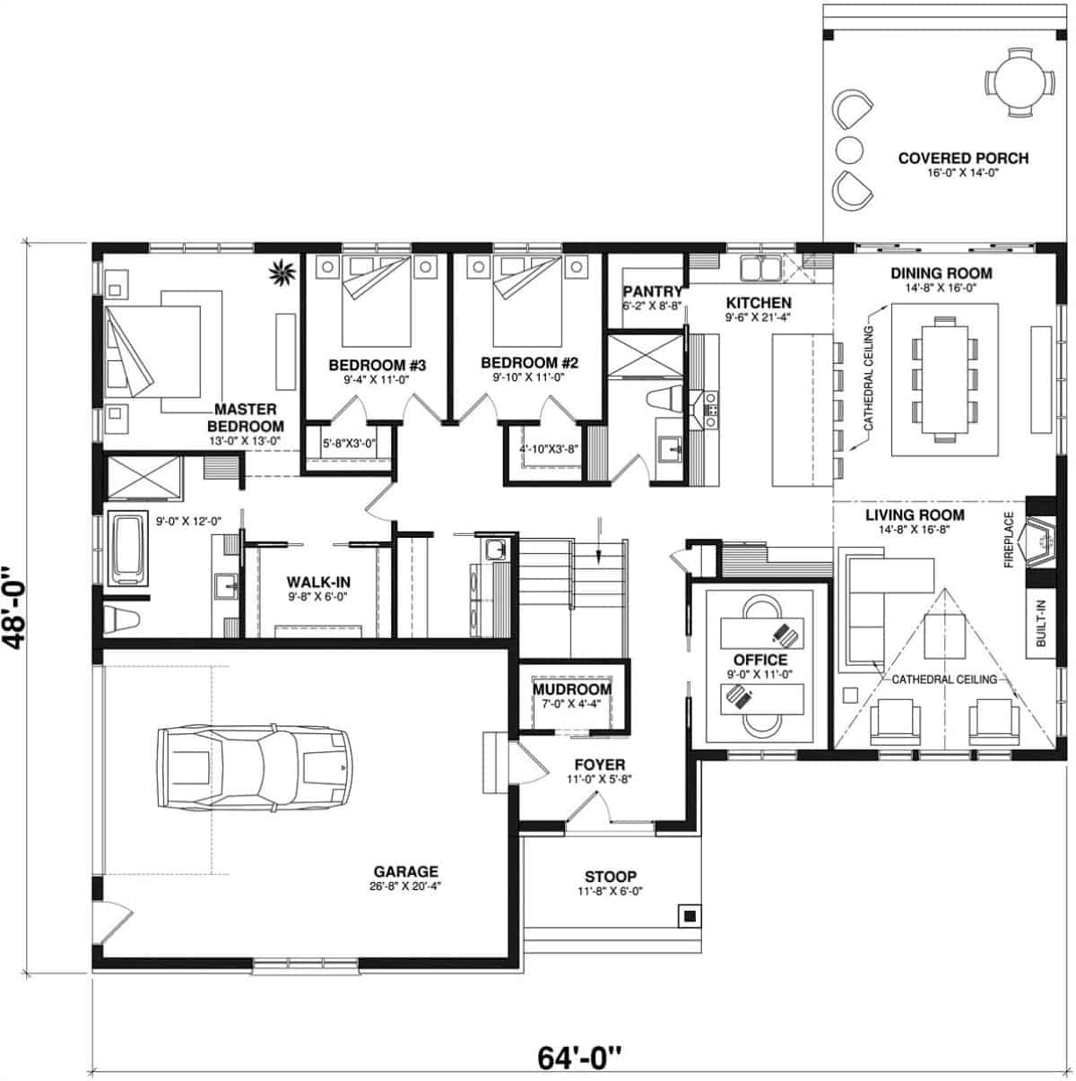 Main level floor plan of a Pine Tree single-story 3-bedroom modern farmhouse with a foyer, home office, living room, dining room, kitchen, three bedrooms, a mudroom, and a single garage.