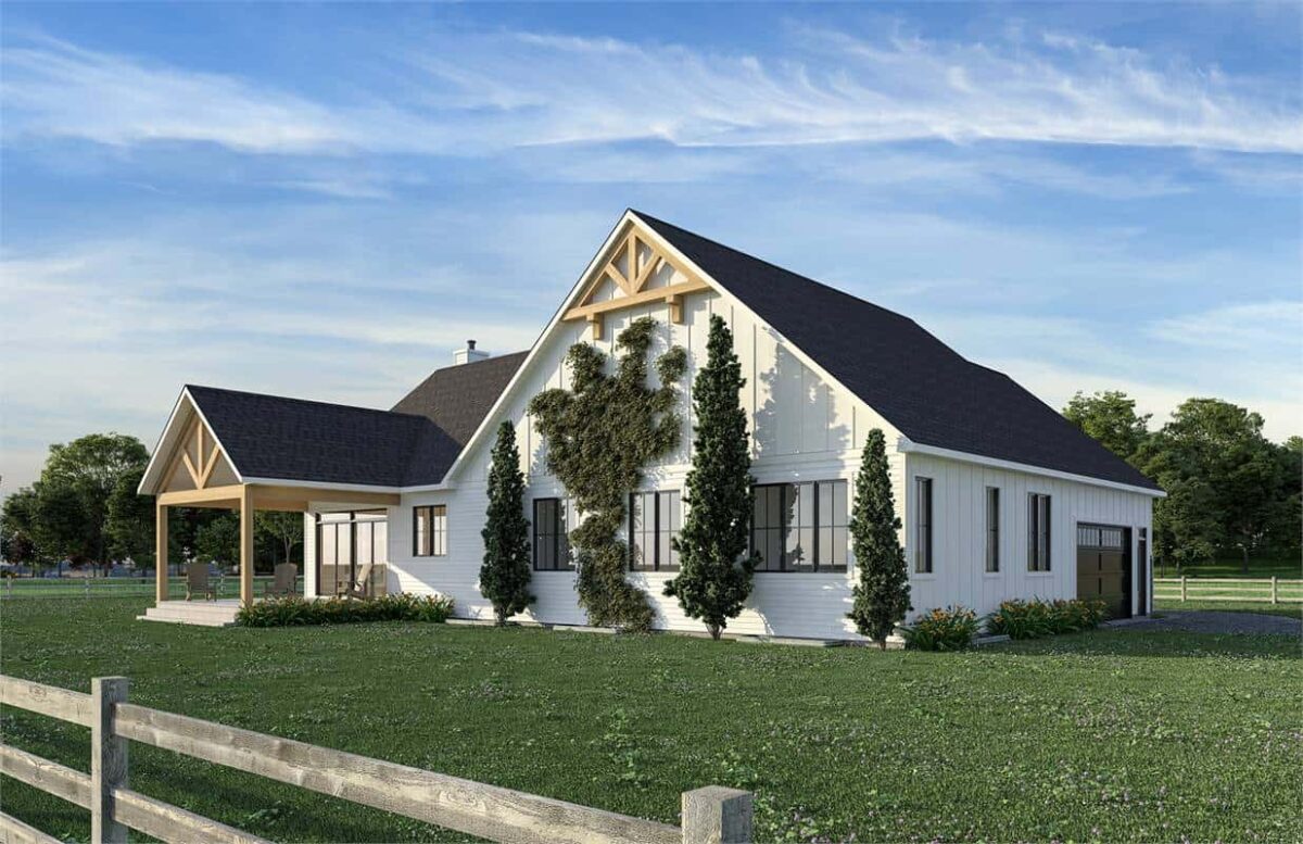 Rear rendering with gable rooflines and a covered porch.