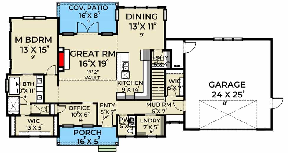 Main level floor plan of a 3-bedroom two-story modern farmhouse with a foyer, great room, kitchen, dining area, home office, primary suite, and mudroom leading to the garage.