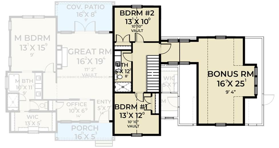 Second level floor plan with two bedrooms, a shared bathroom, and a bonus room.