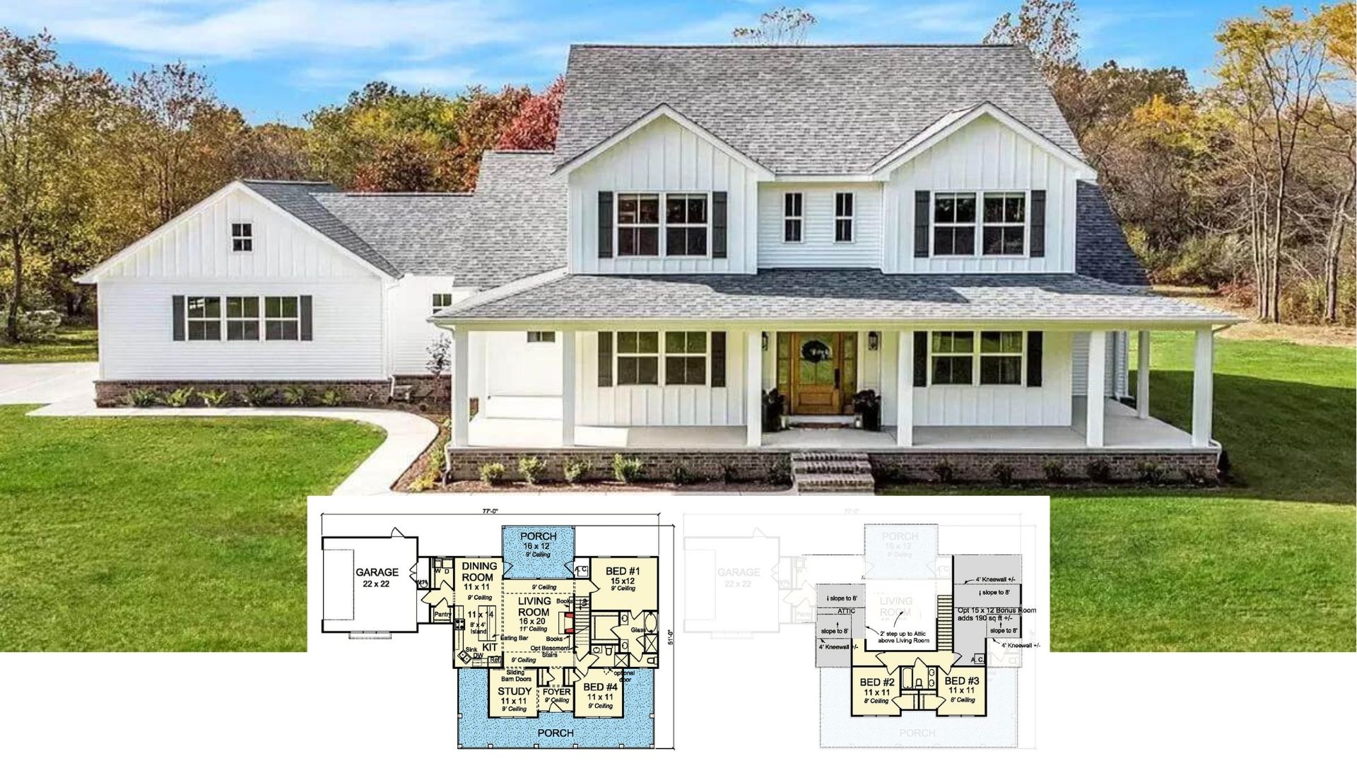 Introducing a 1,938 Sq. Ft. 4 Bedroom House with Wraparound Porch and Bonus Room (Floor Plan Inside)