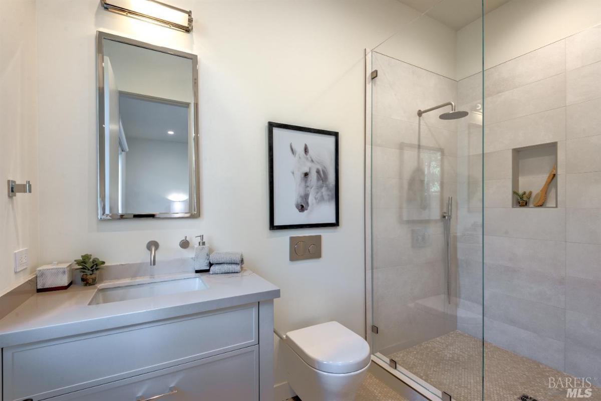 Bathroom with a sink, toilet and shower.