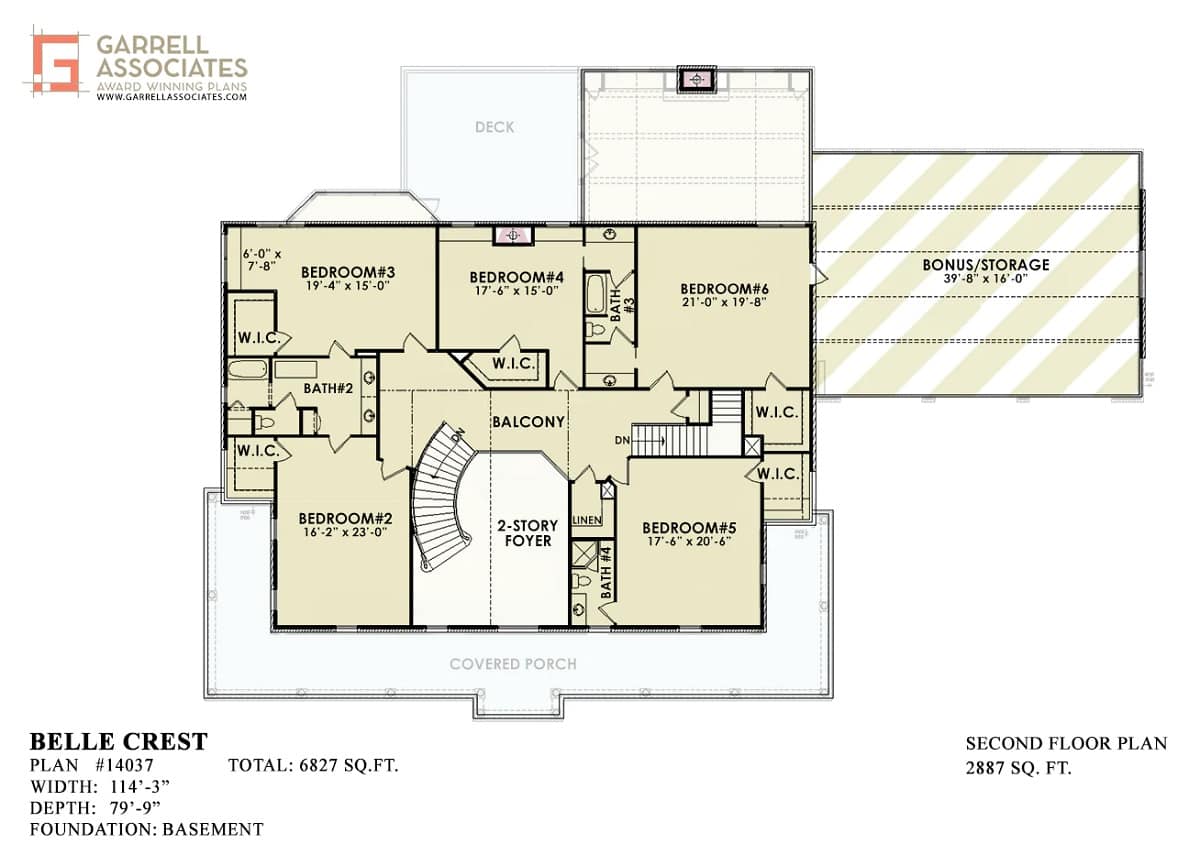 Second level floor plan with balcony, five bedrooms, three baths and bonus/storage space above the garage.