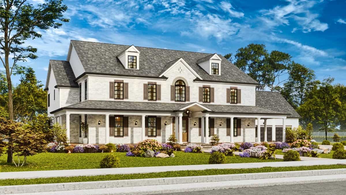 Front-left view with shuttered windows, gable dormers, and an expansive front porch.