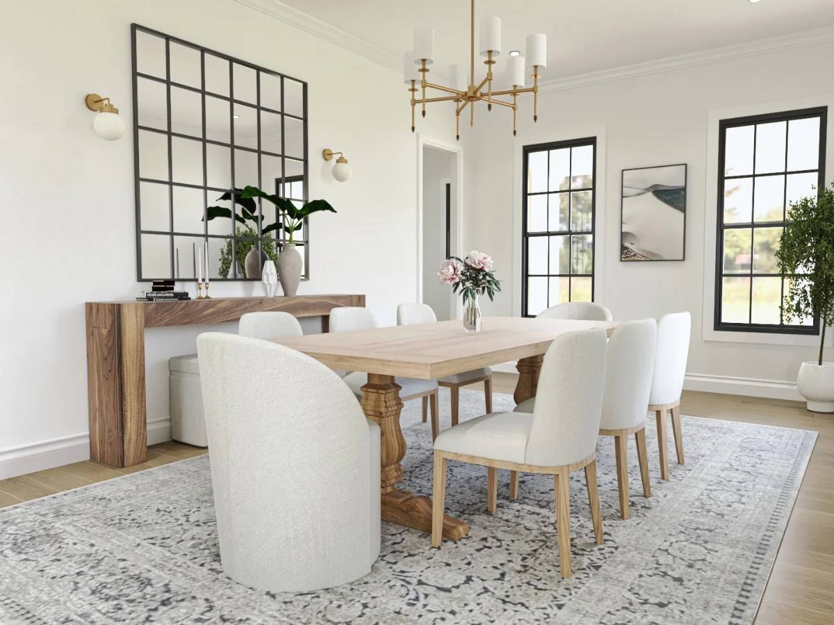 Dining room with a contemporary dining set and a buffet table topped with a decorative mirror.