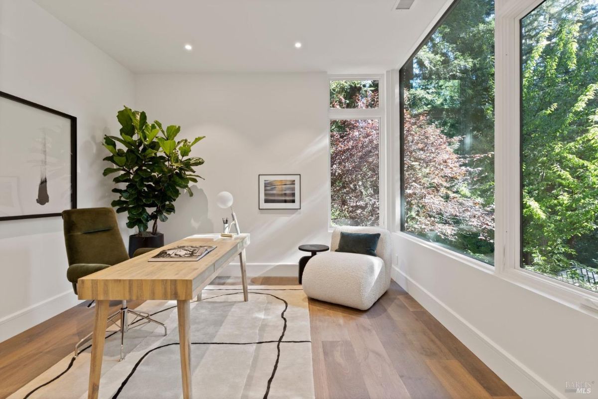 Home office with glass windows.