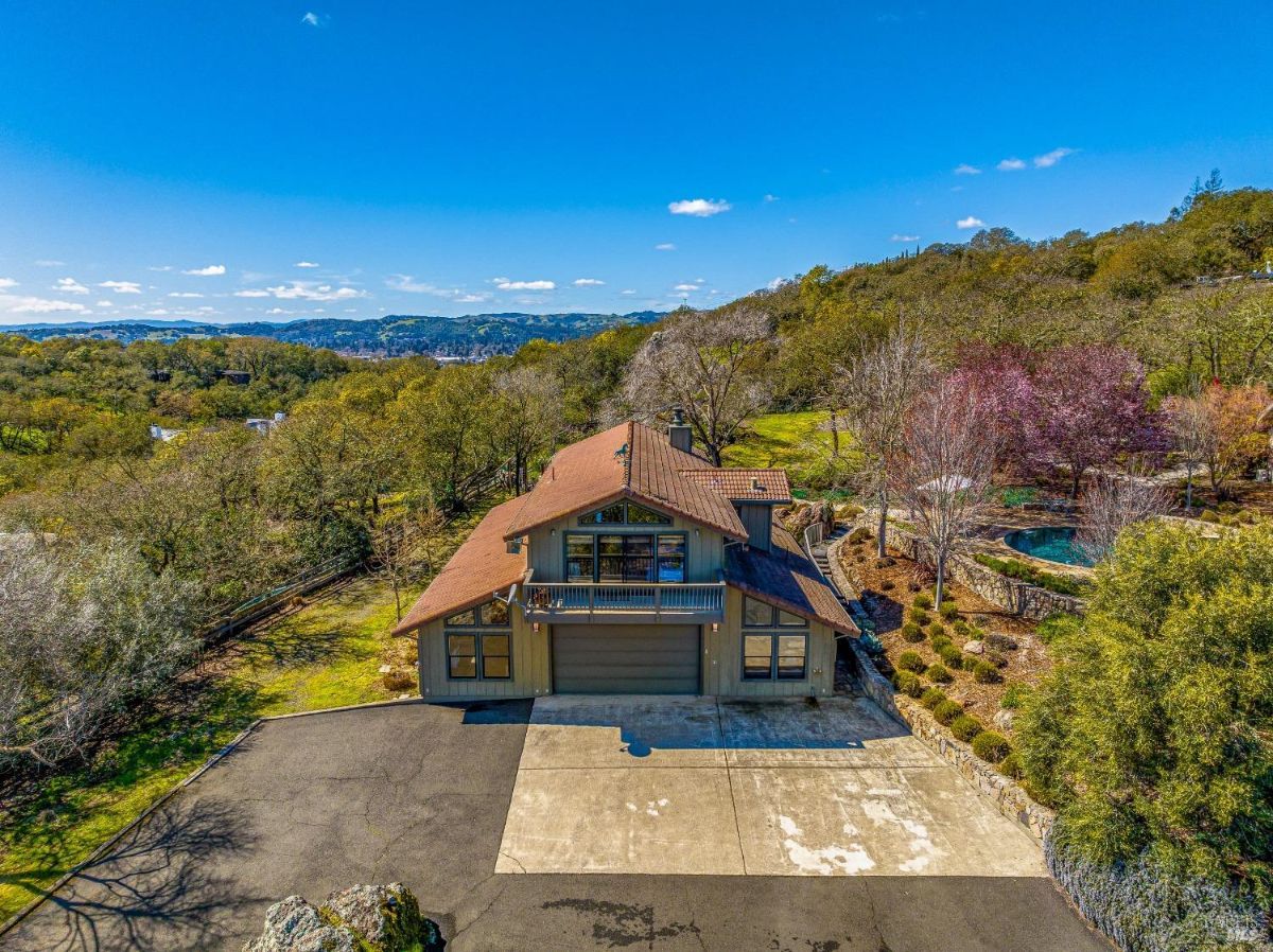 Aerial view of the guest house surrounded by trees.