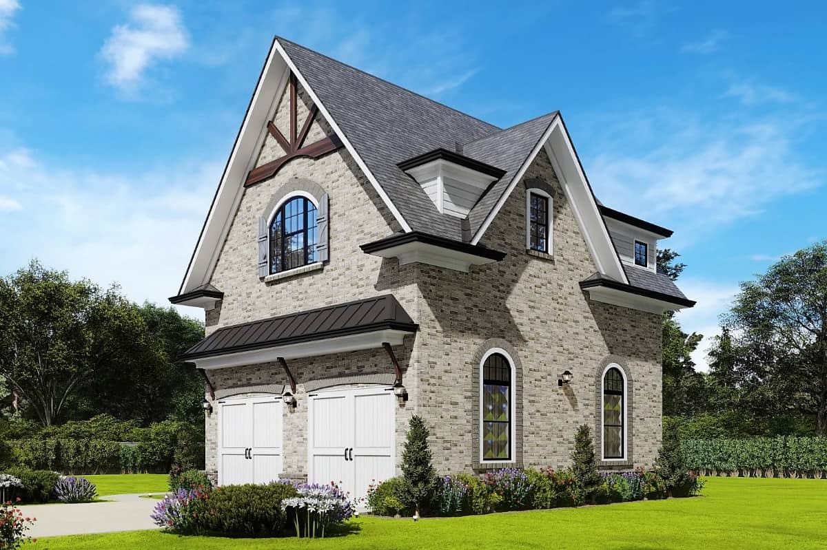 Front-right view with gable rooflines and arched windows.