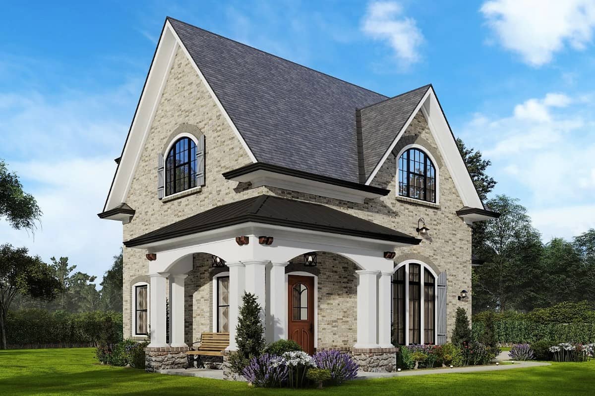 Rear-left view showcasing the wraparound porch with stone base columns.