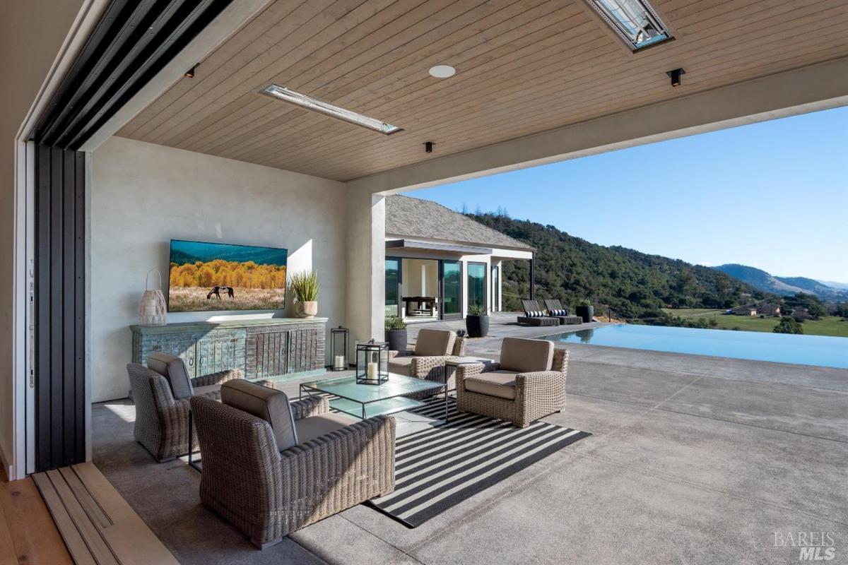 Covered patio with a table and chairs.