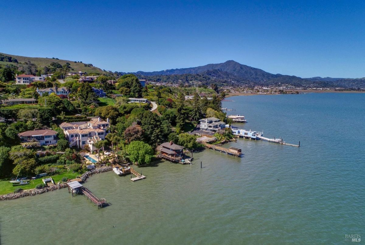 Aerial view of the house with a dock.