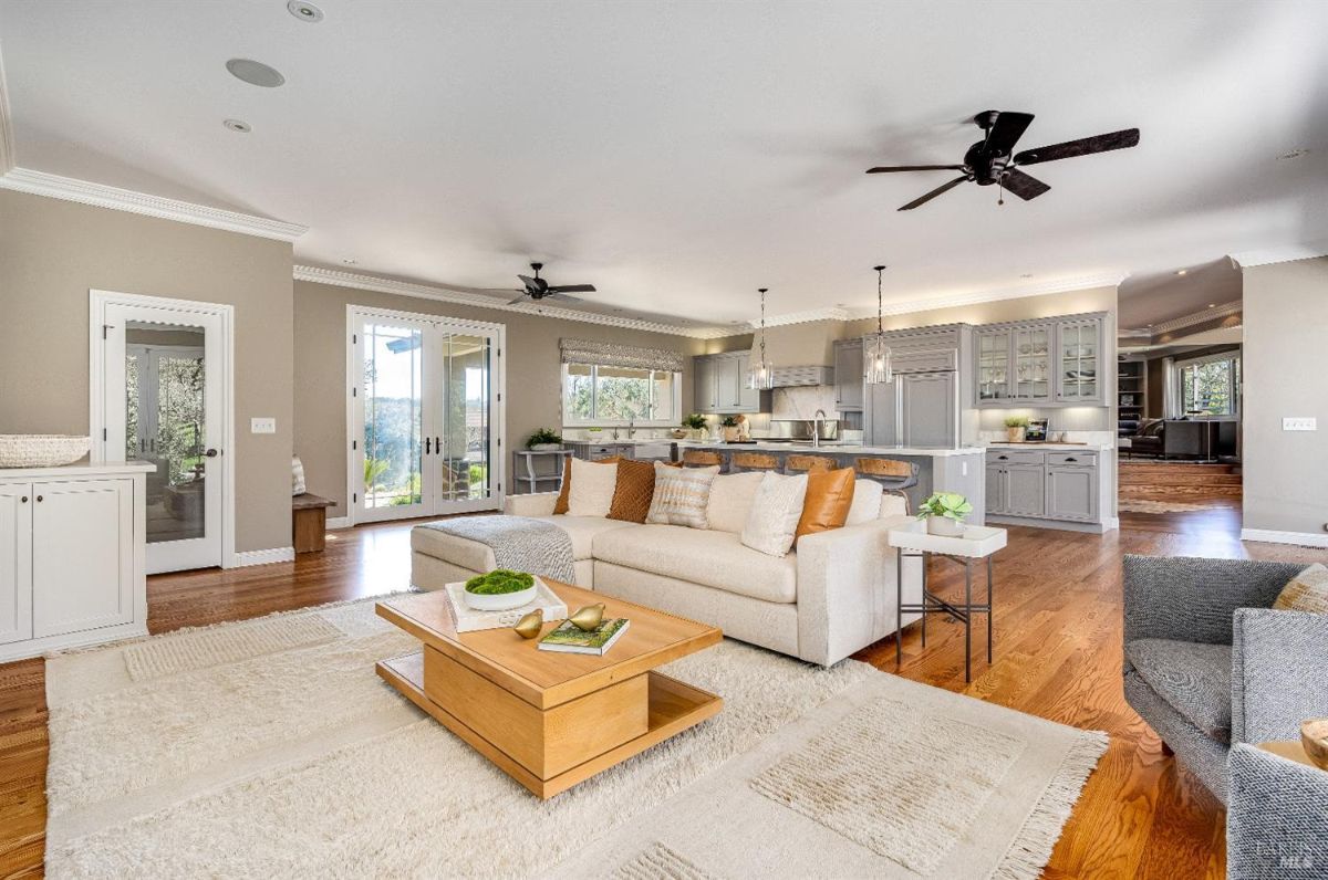 Living room with couches, wood flooring, ceiling fan, and a large rug.