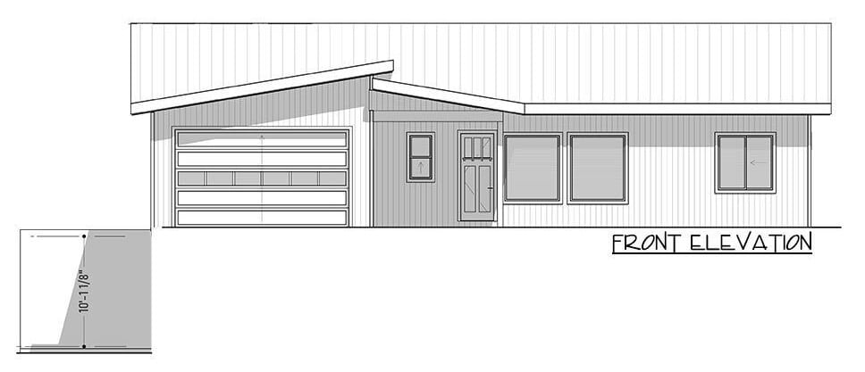 Front elevation sketch of the 3-bedroom single-story mid-century modern home.