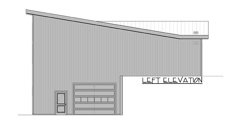 Left elevation sketch of the 3-bedroom single-story mid-century modern home.