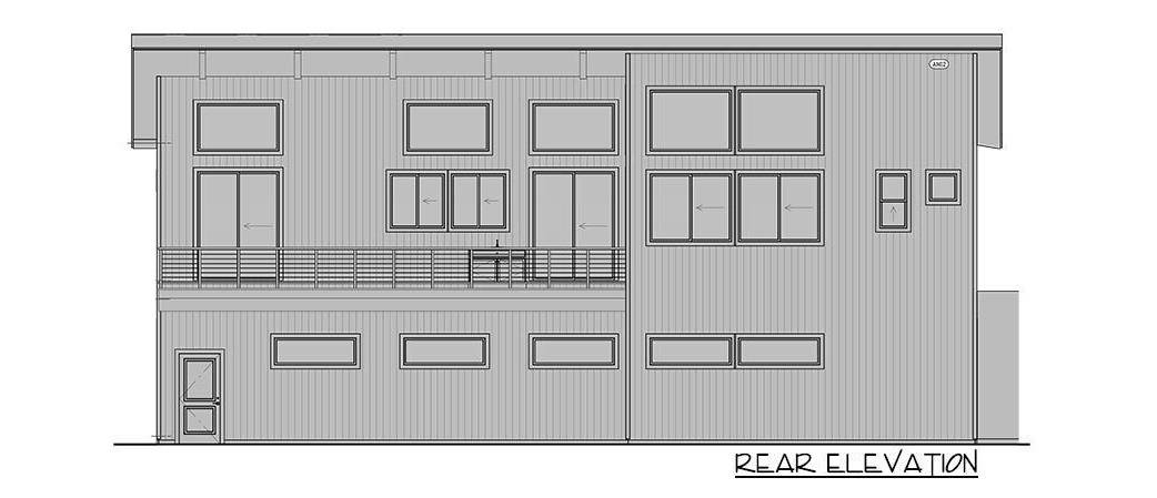 Rear elevation sketch of the 3-bedroom single-story mid-century modern home.