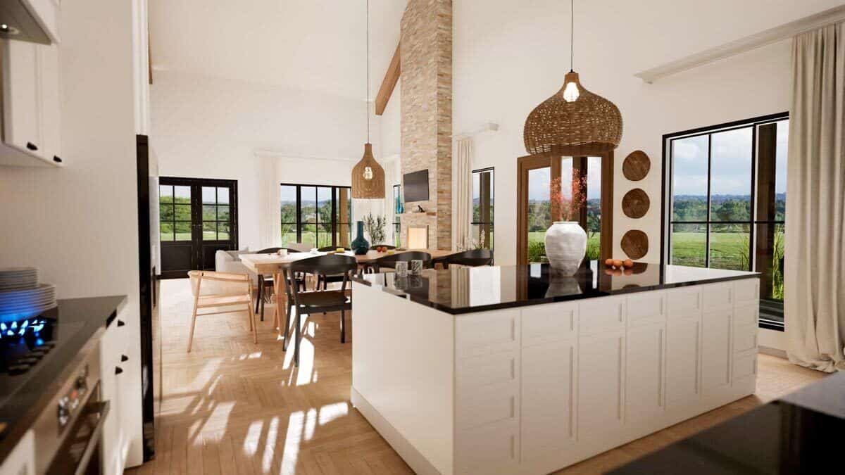 Kitchen island overlooking the dining area and great room.