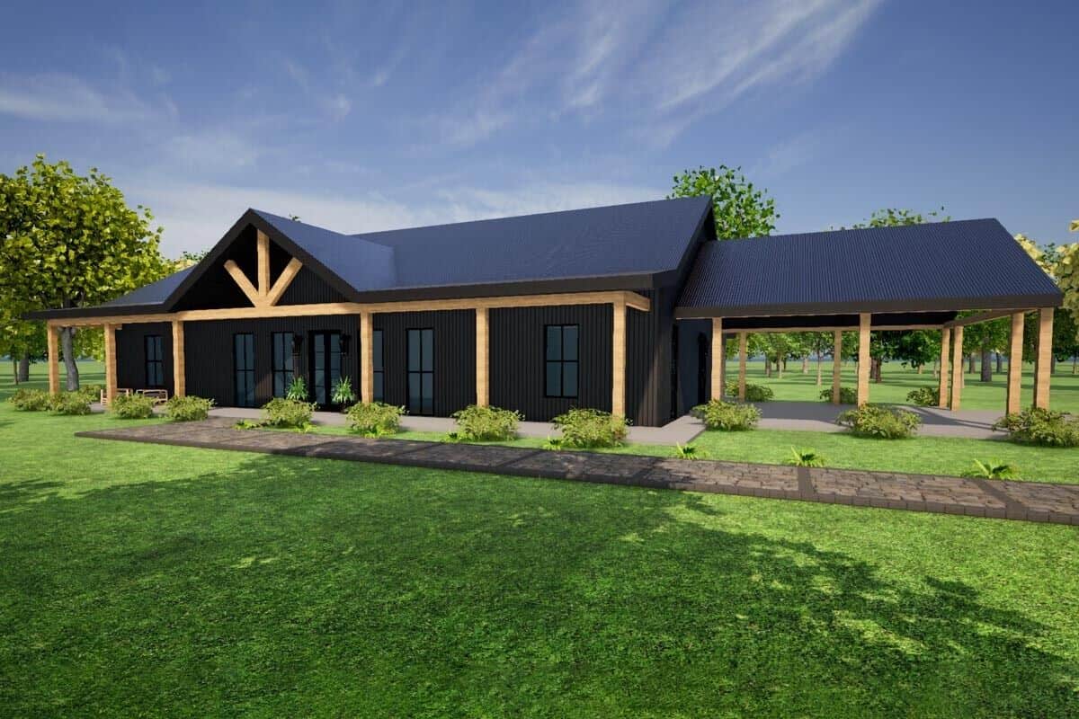 Front-right rendering showcasing the wraparound porch and carport.