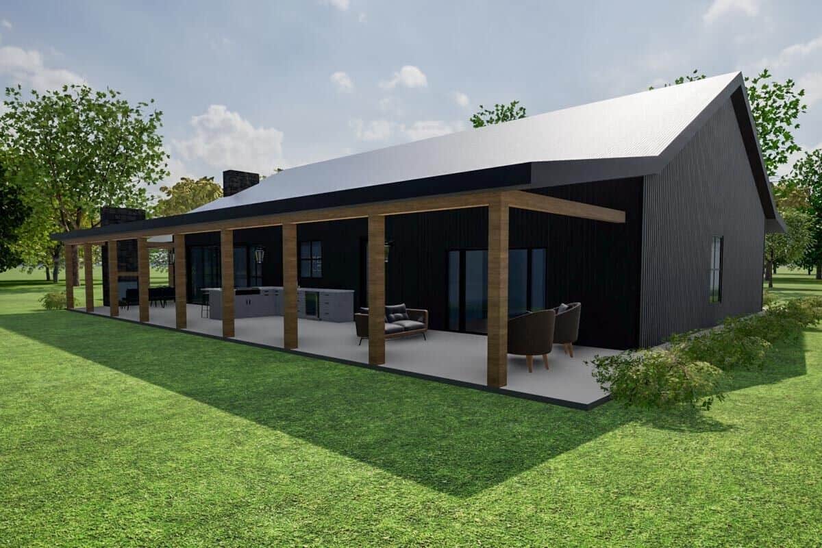 Rear-left rendering with vertical siding and timber beams framing the covered porch.