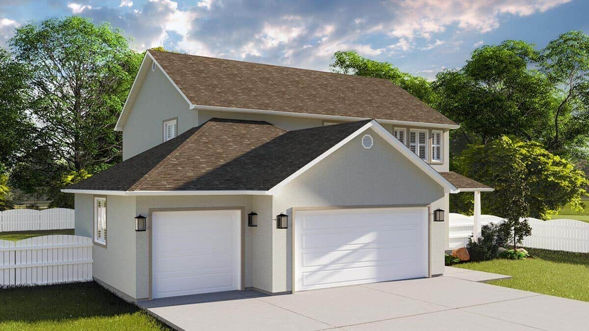 Front-left view with 3-car garage and a concrete driveway.