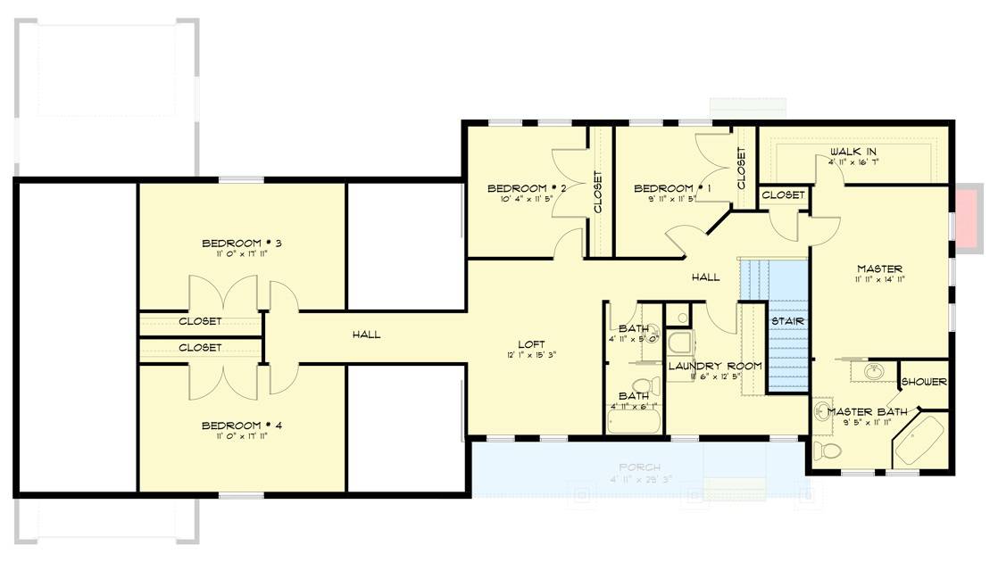 Second level floor plan with five bedrooms, a loft, and a laundry room.