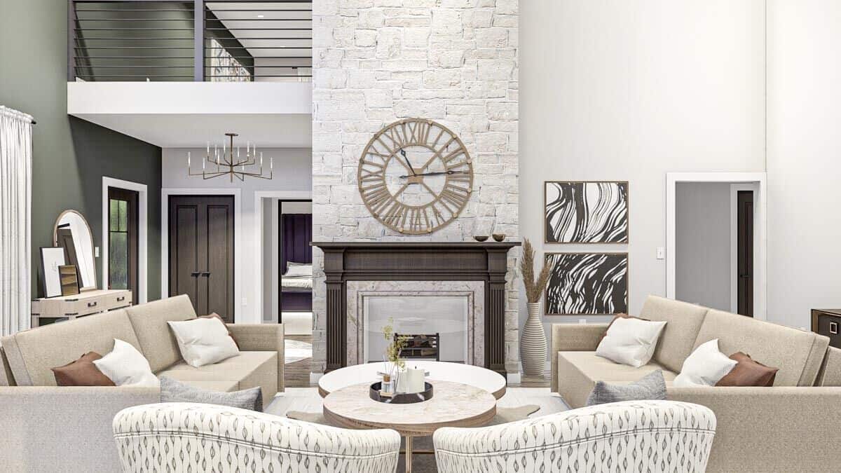 Great room with modern seats, nesting coffee tables, and a fireplace topped with a wall clock.