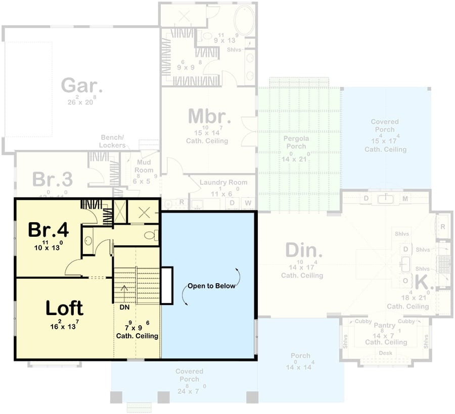 Second level floor plan with a bedroom and a loft.