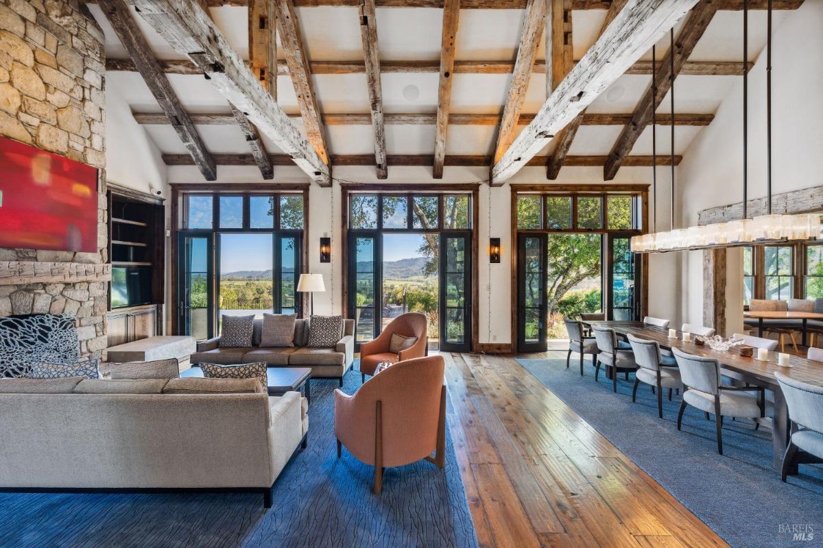 Living room with couches and a fireplace.