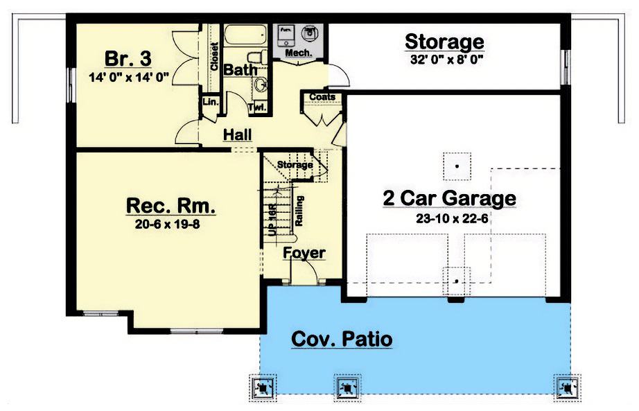 Garage level floor plan with a foyer, a rec room, a bedroom, a 2-car garage, and a storage room.