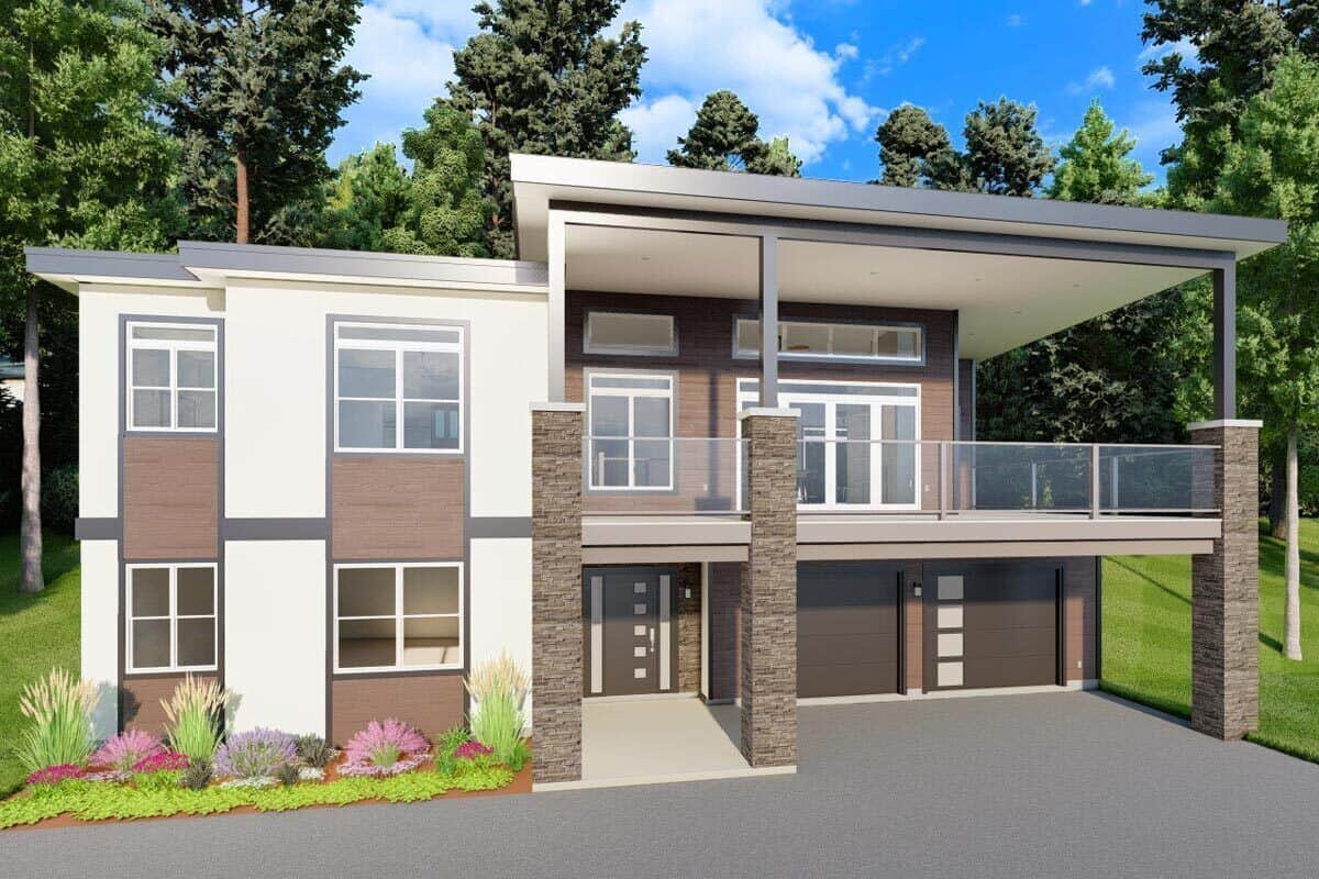 Front-left rendering with a drive-under garage and a covered deck framed with glass railings.