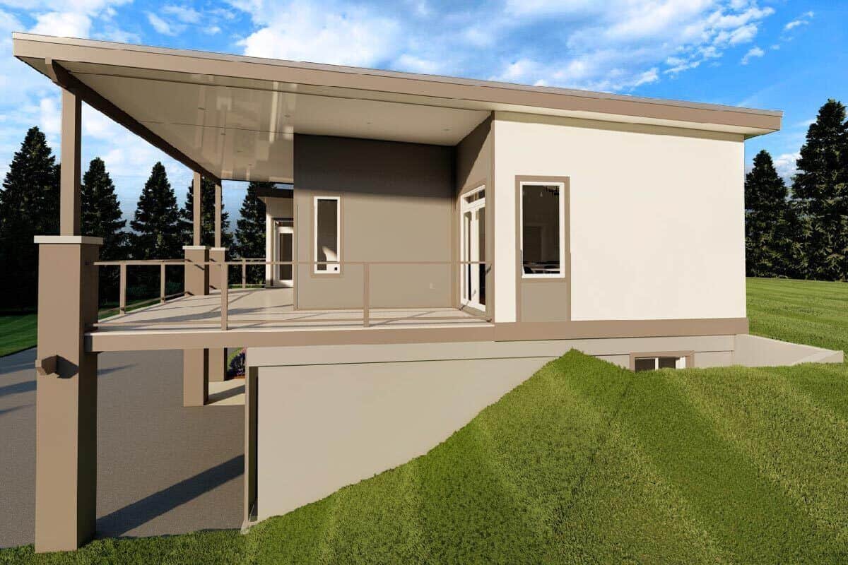 Right rendering with stacked porches and a sloping roofline.