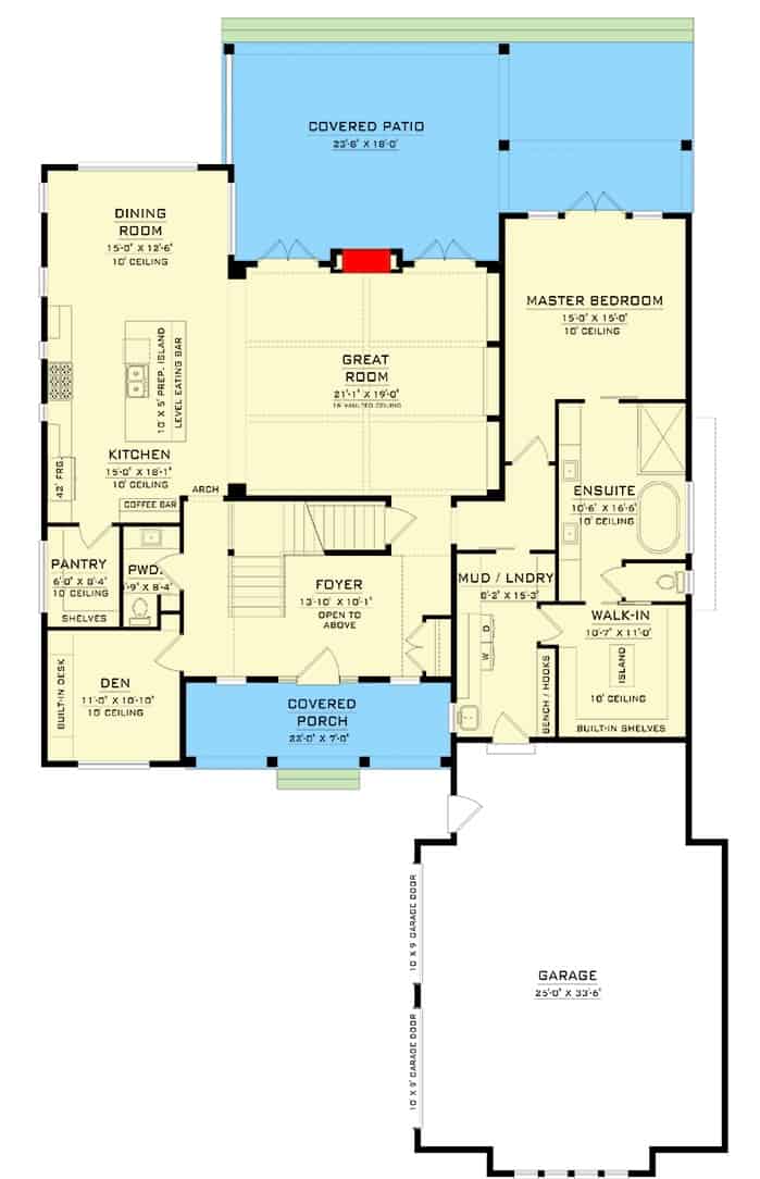 Main level floor plan of a two-story modern farmhouse style 5-bedroom home with foyer, den, dining room, kitchen, great room, primary suite, and mud/laundry leading to the garage.