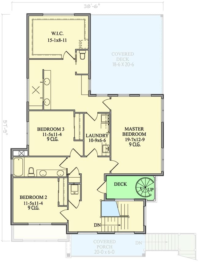 Second level floor plan with three bedrooms, two baths, a laundry room, and an open deck.