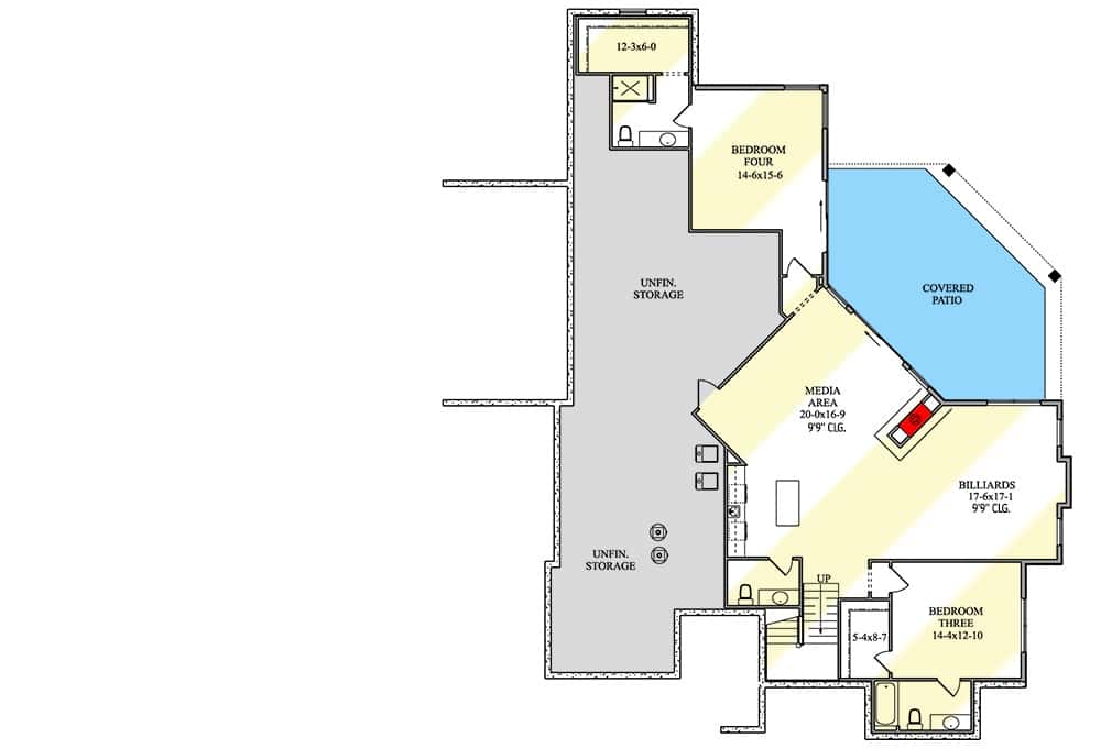 Lower level floor plan with two bedrooms, two baths, and a media area that opens to a covered patio.