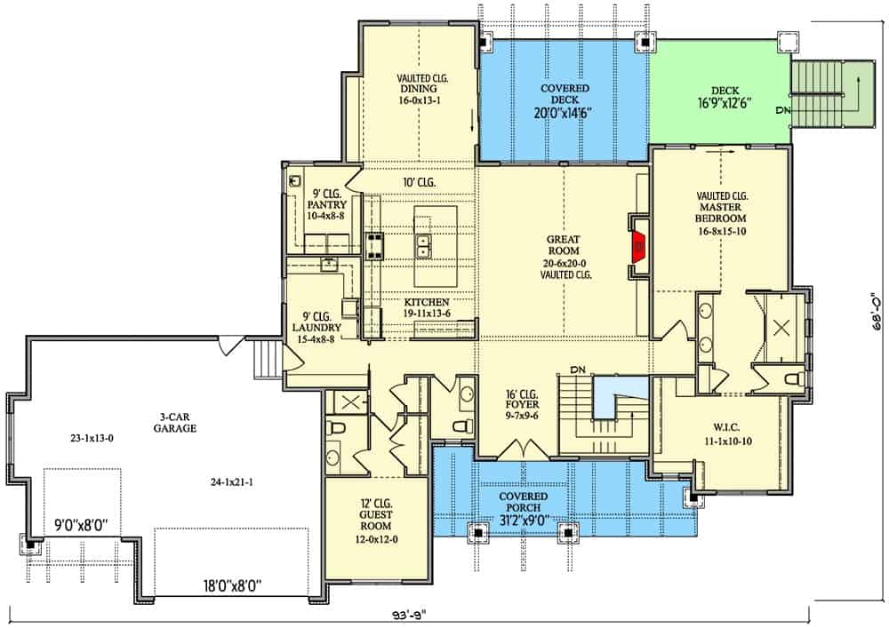 Main level floor plan of a 5-bedroom New American style single-story home with foyer, great room, kitchen, dining area, two bedrooms, and laundry leading to the garage.