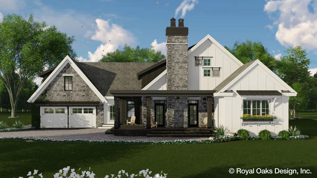 Front rendering with a double garage and an L-shaped front porch.