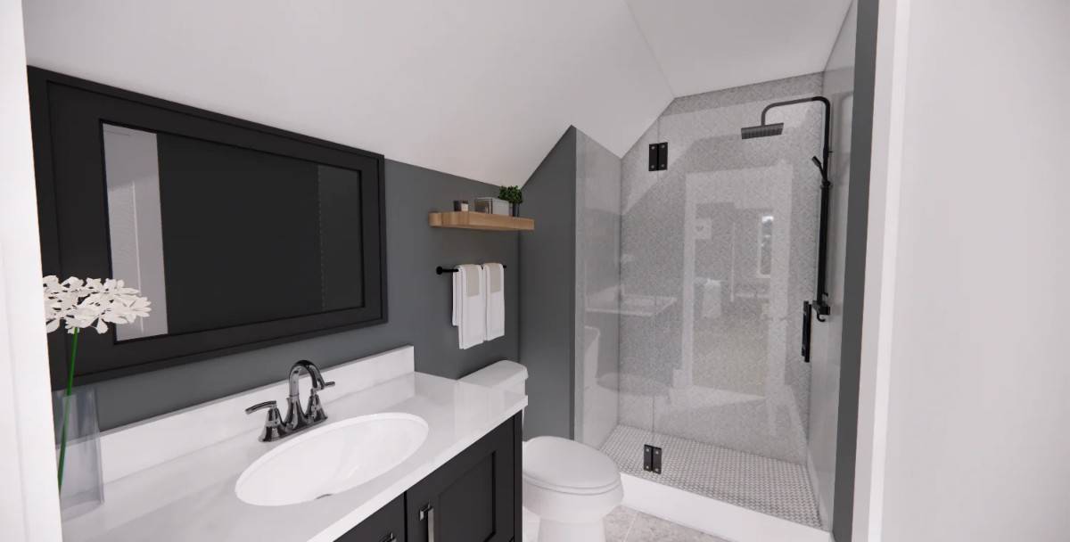 Bathroom with a sink vanity, a walk-in shower, and a floating shelf fixed above the toilet.