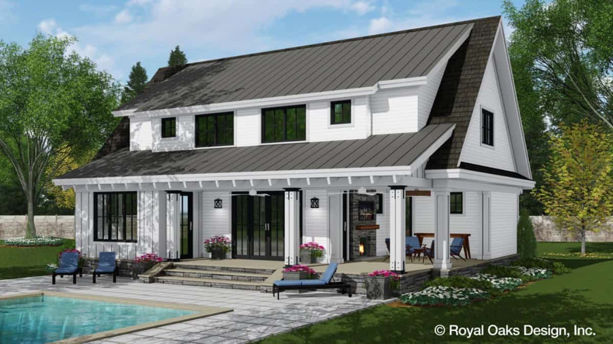 Rear rendering with a covered patio that transitions to a pool terrace.