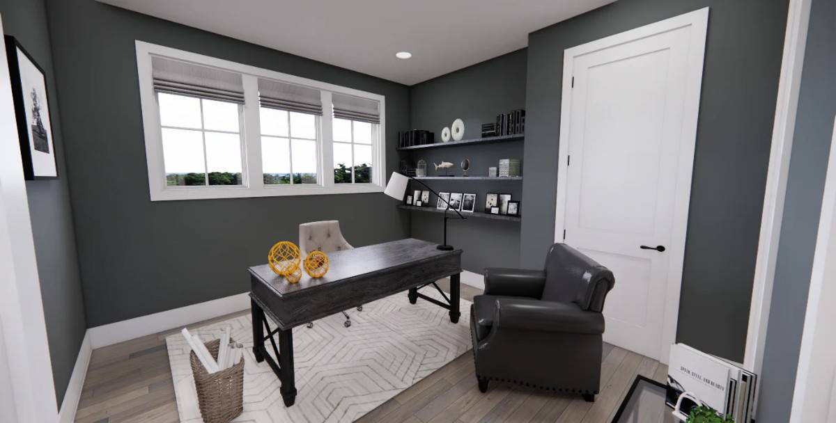 Home office with leather chairs, a dark wood desk, and floating shelves mounted against the black wall.