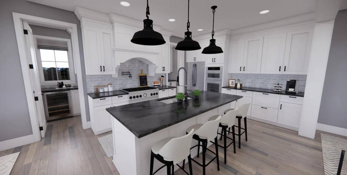 Kitchen with white cabinetry, contrasting countertops, and a breakfast island with four seating.