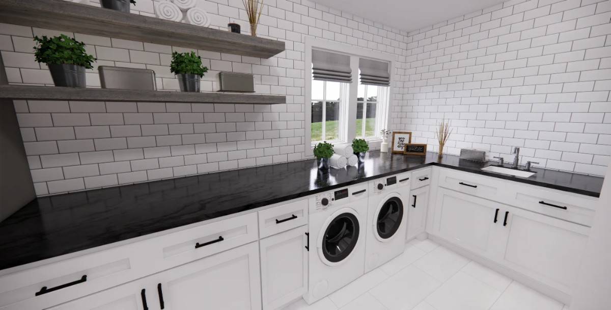 Laundry room with white cabinets, contrasting countertops, and floating shelves fixed against the subway-tiled backsplash.