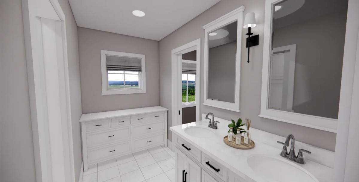 Bathroom with a white cabinet and a dual sink vanity paired with framed mirrors.