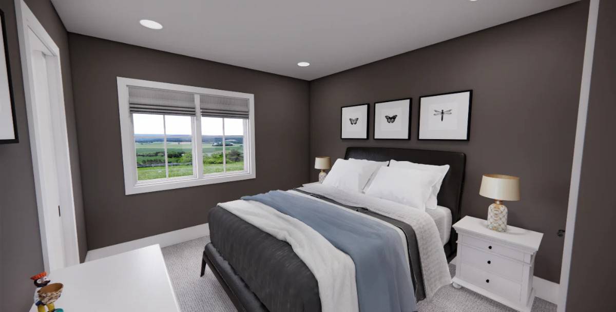 Secondary bedroom with black walls and a leather upholstered bed over the carpeted rug.