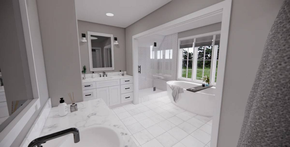 The primary bathroom includes his and her vanities and walk-in shower with a tiled bench.