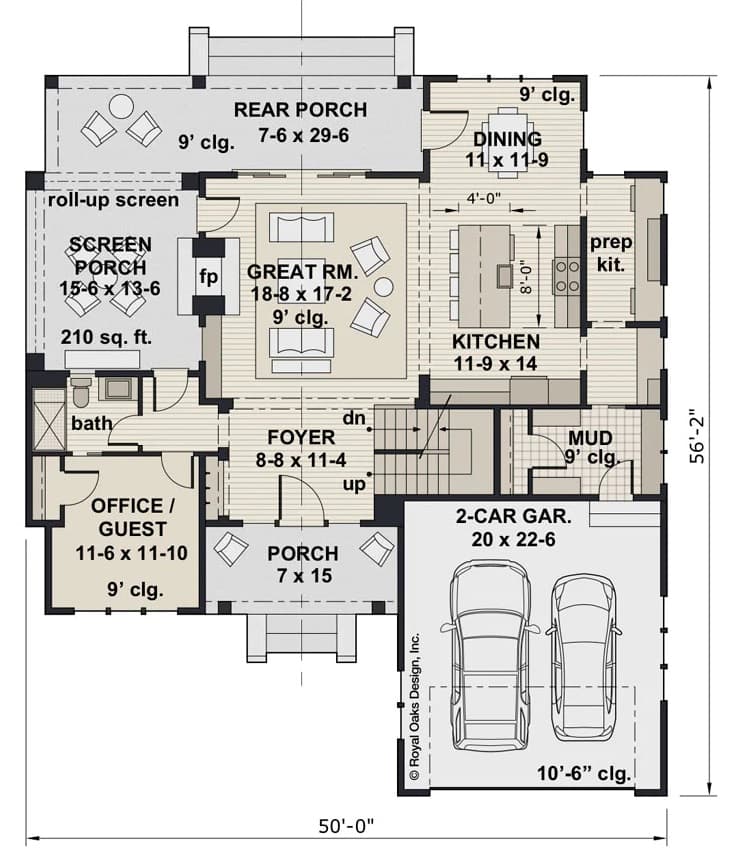 Main level floor plan of the Bird Creek two-story 4-bedroom home with foyer, great room, kitchen, dining area, office/guest, and mudroom leading to the garage.